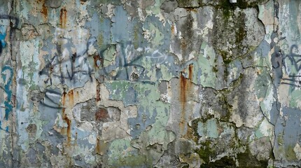 Old grunge wall texture with peeling paint and moss, weathered grunge wall background with rust stains, abstract grunge wall surface for urban design.