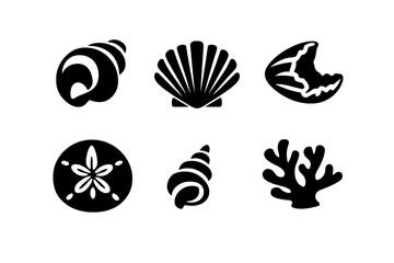 Tropical Shore Icons. Tropical shore finds icon set in silhouette bold style. Contain smooth seashell, ridged shell, broken shell piece, sand dollar, tiny shell, coral fragment