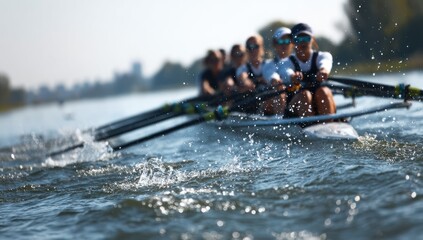 Group of rowers in a boat on a serene lake on a sunny day.