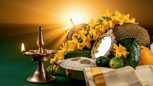 Vishu Vishukkani arrangement background with oil lamp glow and golden sunrise to green gradient