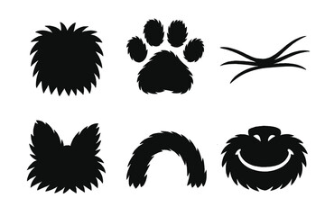 Whimsical Fur Icons. Whimsical fur icon set in silhouette bold style. Contain tufted fur patch, cute paw tip, lively whisker line, fuzzy ear curve, happy bounce arc, soft muzzle mark