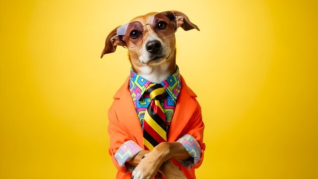 Perro de aspecto genial con un vestido de moda original: chaqueta, corbata, gafas.
 Banner ancho con espacio para texto en el lado derecho.
 Animal elegante haci&eacute;ndose pasar por supermodelo.
 IA gener