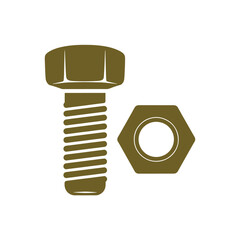 Brown bolt and nut with hexagonal head and threads on white background