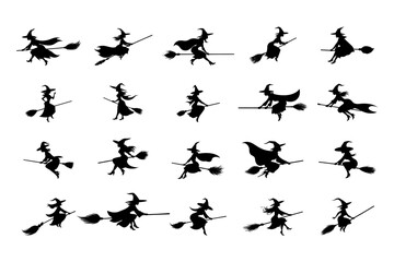 Fototapeta premium Complete witch riding broom silhouette collection minimalist vector set for Halloween branding magical merchandise and fantasy-themed marketing campaigns