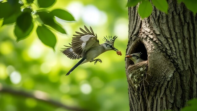 Abubilla euroasi&aacute;tica criando en nido dentro de un &aacute;rbol y alimentando a pollitos j&oacute;venes.
 P&aacute;jaro padre pasando comida a sus cr&iacute;as en el aire.
 Animal salvaje con alas y cresta aterrizando.
