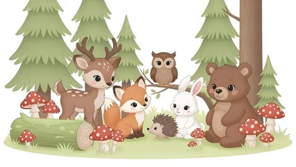 Fototapeta premium Animales salvajes del bosque. Oso, ardilla y ciervo, castor y liebre, pájaro carpintero y setas, abeto y abedul, bayas. Conjunto de vectores de animales de bosque lindo bebé