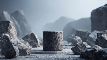 Ancient stone core stands in the center of a rocky landscape with empty space all around. The scene suggests a theme of stability.