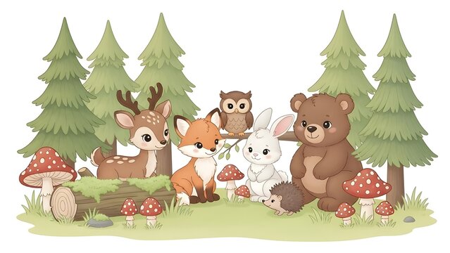 Animales salvajes del bosque.
 Oso, ardilla y ciervo, castor y liebre, p&aacute;jaro carpintero y setas, abeto y abedul, bayas.
 Conjunto de vectores de animales de bosque lindo beb&eacute;
