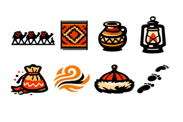 Fototapeta premium Cultural Caravan Icons. Cultural caravan icon set in silhouette bold style. Contain caravan line, woven rug, clay pot, lantern, spice pouch, desert wind swirl, traditional hat, footprint trail