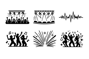 Concert Vibes Icons. Event excitementset in outline vector style concert crowd, stage lights, sound wave, dancing silhouettes, energy beams, night glow