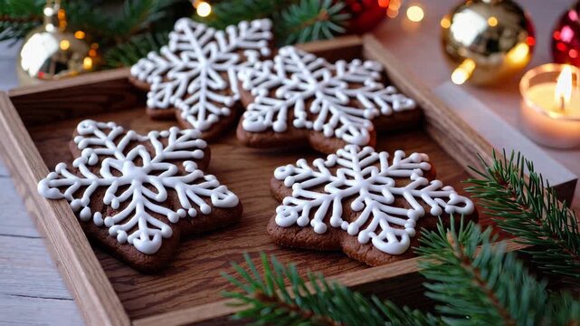 Cozy New Year home celebration, gingerbread cookies on a wooden tray, burning candles, pine branches, festive decorations, warm glowing lights in the background