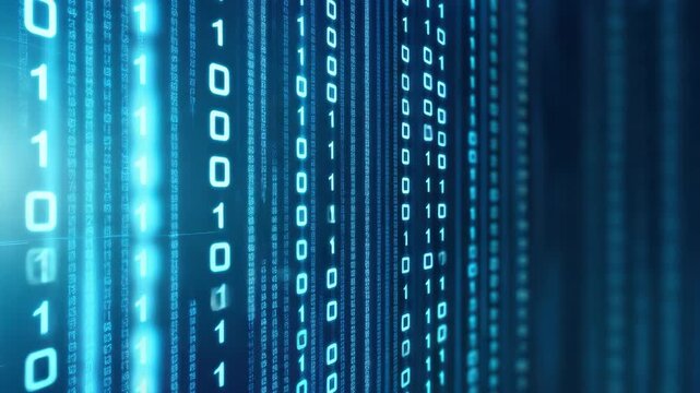 Abstract digital background featuring glowing binary code in blue tones, symbolizing data streams, programming, and modern technology. Ideal for tech, cybersecurity, and software themes.