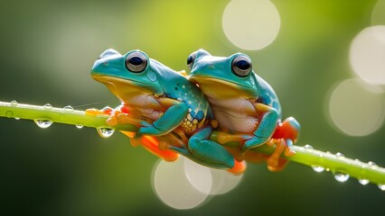 Naklejka premium Rana arbórea de Java sentada en una rama, rana voladora en una rama, rana arbórea en una rama