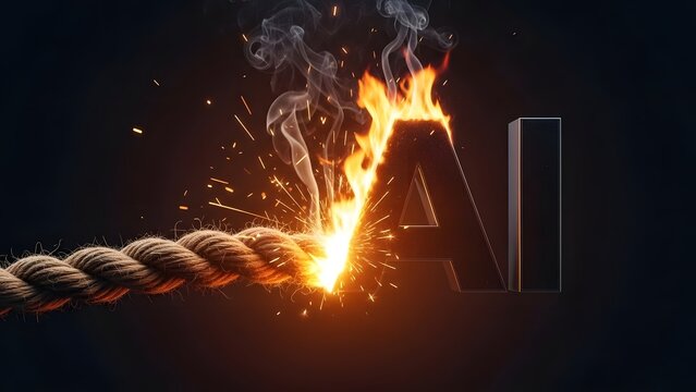 Artificial intelligence burning on a fraying rope. AI risk and technological danger concept. The letters AI on fire as a thick rope pulls and sparks under heavy pressure and stress