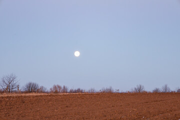 A bright full moon rises in a clear evening sky over a plowed brown field and a distant silhouette of trees. This concise landscape captures the atmosphere of peace and silence in the countryside duri