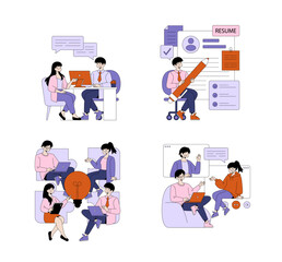 Naklejka premium Business Meeting and Remote Work Vector Illustration Set