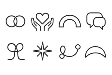 Connection Icon Set. Connection set in outline vector style: linked circles, open hands, shared heart, bridge arc, conversation bubble, unity thread, guiding star, harmony curve