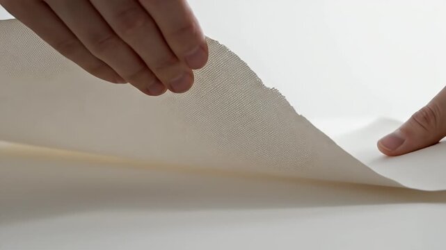 Hands Gently Lifting a Textured Paper Sheet Against a Soft White Background for Creative Projects or Crafts