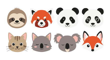 Obraz premium Large set of cute animal head icons including sloth panda koala cat fox and red panda in a clean flat cartoon illustration style.