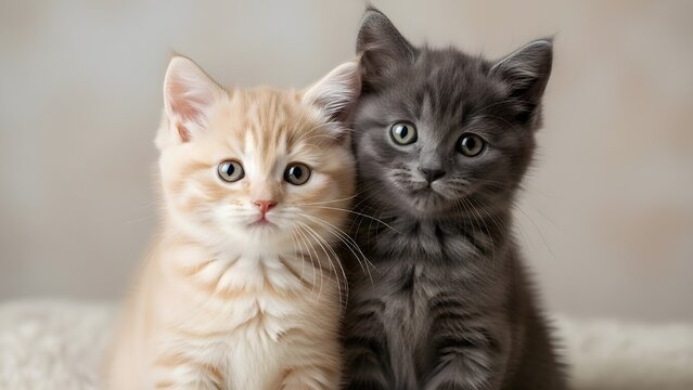 Dulce d&uacute;o de gatitos brit&aacute;nicos de pelo corto, sentados uno al lado del otro.
 Mirando hacia la c&aacute;mara.
 Recorte aislado sobre un fondo transparente.