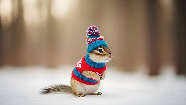 Ardilla en la nieve con ropa de invierno como Santa Claus... Gorro y su&eacute;ter estilo navide&ntilde;o.
 Animales divertidos en invierno.