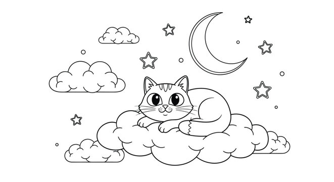 Cute cartoon cat lying comfortably on a fluffy cloud under the moon and stars in a black and white line art drawing for children. - Powered by Adobe
