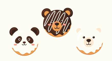 Three delicious donuts shaped like cute animal heads including a panda a brown bear with chocolate and a white polar bear.