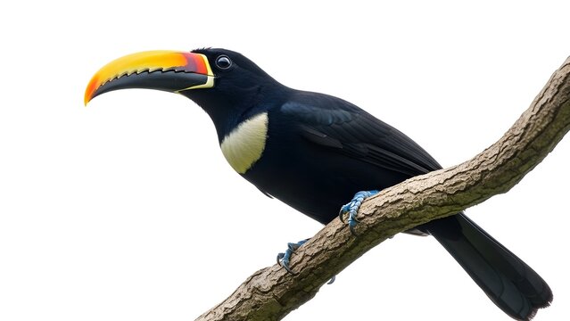 P&aacute;jaro tuc&aacute;n en la rama de un &aacute;rbol sobre fondo blanco aislado