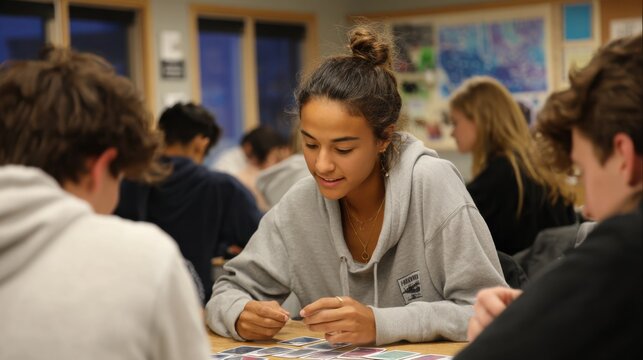 Small group of high schoolers reviewing flashcards the main subject illuminated while classmates and classroom blurred to enhance focus.