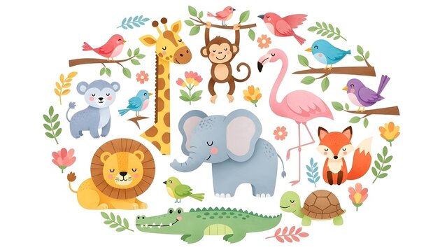 ilustraci&oacute;n vectorial de animales de la selva en c&iacute;rculo