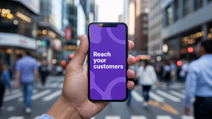 Fototapeta premium First person view of hand holding smartphone with purple screen and text 