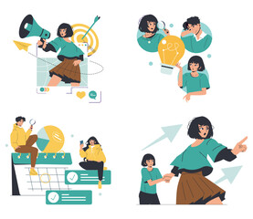 Business Concepts and Teamwork Vector Illustration Set