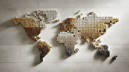 Pixelated world map art crafted from diverse materials, showcasing meticulous detail and vintage charm