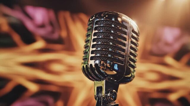 Vintage microphone on colorful background with bright light shining