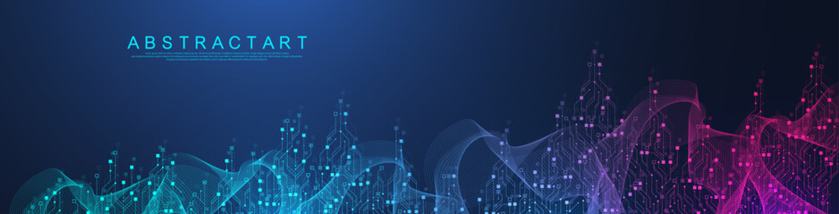 Modern technology circuit board texture background design. Quantum computer technologies concepts, large data processing. Futuristic blue circuit board background. Minimal vector motherboard