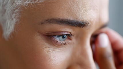 Detailed view of an expressive eye and aged skin conveying contemplation and subtle human connection as a hand touches the cheek