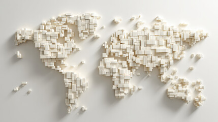 World map crafted from small, light-colored blocks, showcasing global geography. Representation of Earth's continents formed by numerous small, cream-colored cubes creating unique textured global map