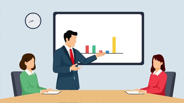 Businessman Explaining Chart. Prensenting concept. Full length animation illustration. High quality&nbsp;4k&nbsp;footage