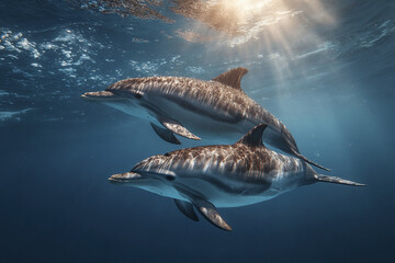 Fototapeta premium Two dolphins swimming together underwater in ocean with sunlight filtering through water, creating peaceful and serene marine scene full of natural beauty