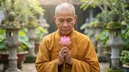Buddhist monk meditating with lotus flower in peaceful garden