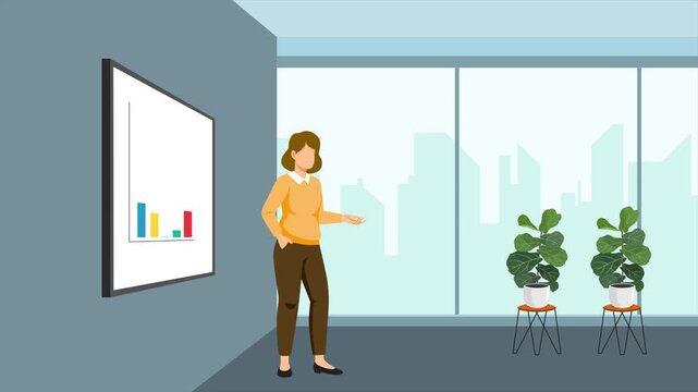 Woman Presenting Office Chart. Prensenting concept. Full length animation illustration. High quality&nbsp;4k&nbsp;footage