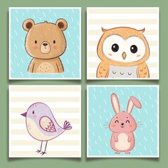 Cute baby animals nursery art set, hand drawn kawaii bear, owl, bird and rabbit illustrations for kids room decor and posters