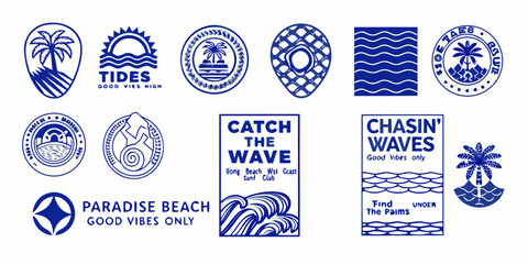 Collection of blue and white beach themed graphic designs and logos © Bithi