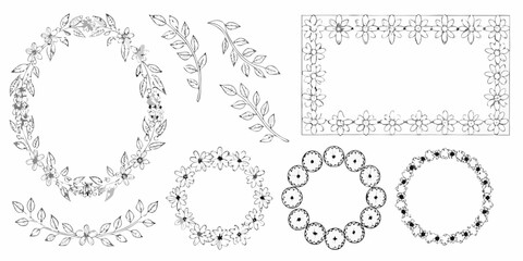 Floral wreath and frame illustrations in black and white sketch style