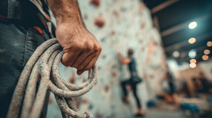 Closeup on coachs hands positioning climbing rope during belay demonstration with beginner climber in softly blurred silhouette on the wall behind.