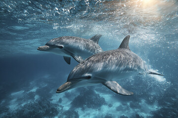 Fototapeta premium Two dolphins swimming underwater near ocean surface with sunlight filtering through clear blue water, creating peaceful and natural marine scene