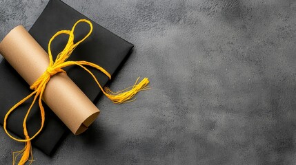 Elegant Diploma Scroll Tied with Yellow String on Dark Plate Studio Shot