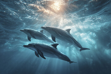 Fototapeta premium Dolphins swimming beneath ocean waves with clear visibility and sunlight filtering through water, creating serene and natural underwater scene full of life and motion
