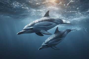 Fototapeta premium Dolphins swimming freely in open ocean with sunlight filtering through water, creating tranquil and serene underwater scene full of natural beauty and calmness