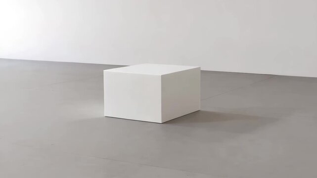 Minimalist white cube placed slightly off center on concrete floor in empty interior